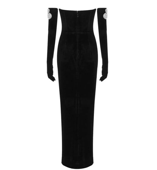Black Velour Crystal Gloves Dress