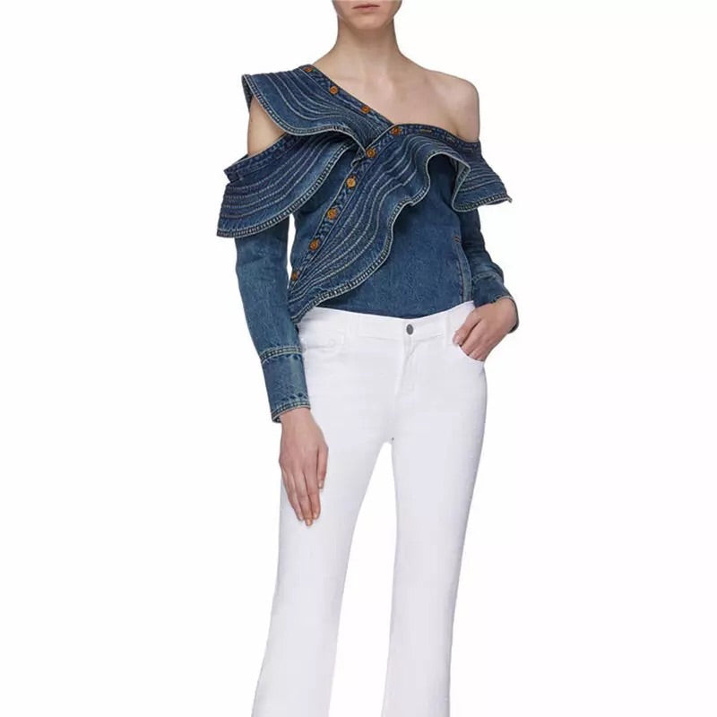 Ruffles One Shoulder Denim Top