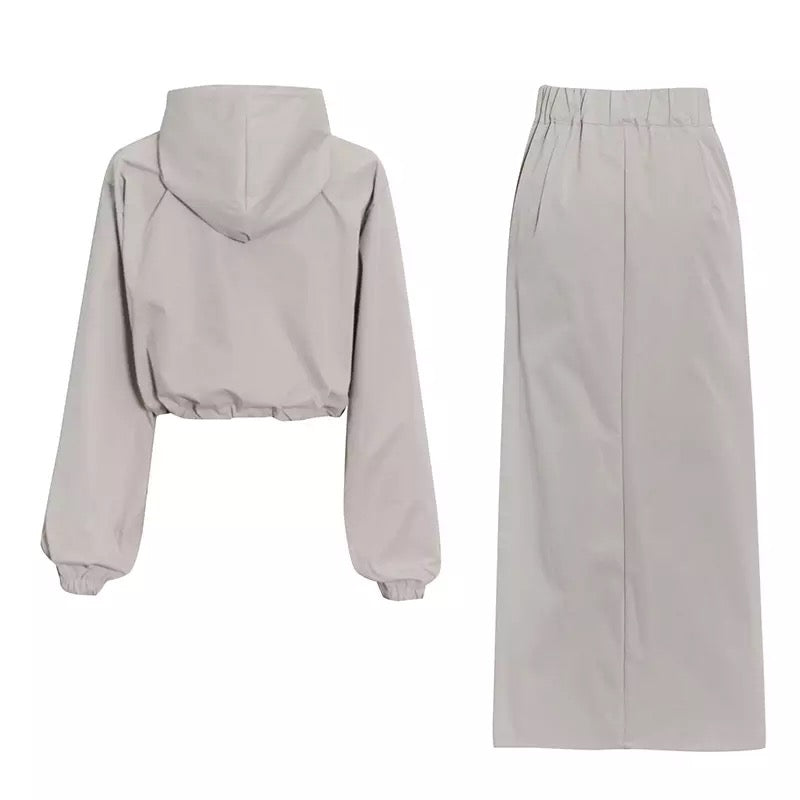 Hooded Top Split Drawstring Skirt