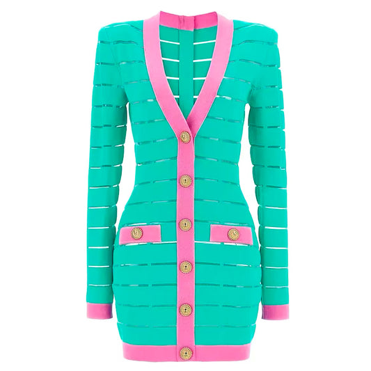 Turquoise Knit Pink Striped Dress