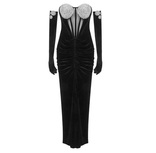 Black Velour Crystal Gloves Dress