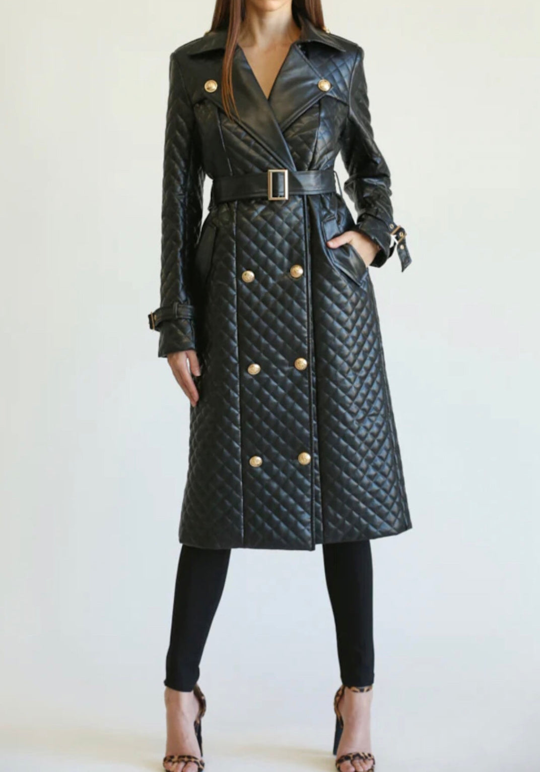 Alma Quilted Black Trench Coat