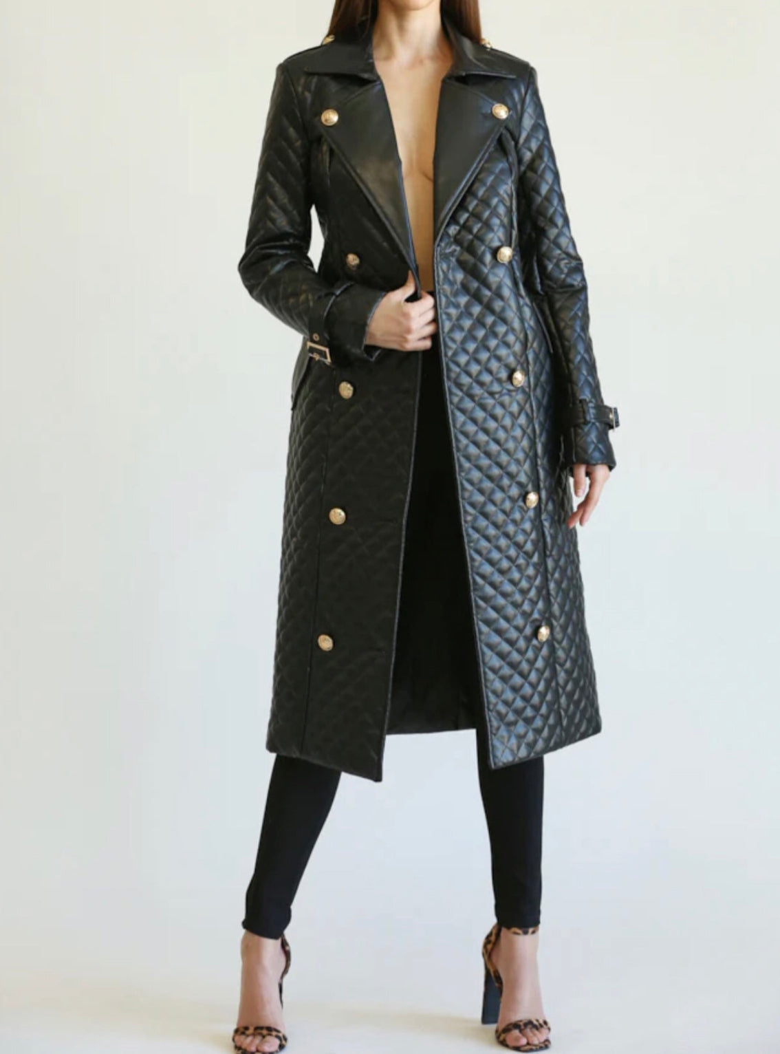 Alma Quilted Black Trench Coat