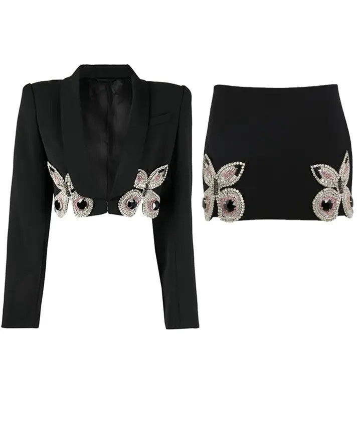 Black Crystal Top-Skirt Set