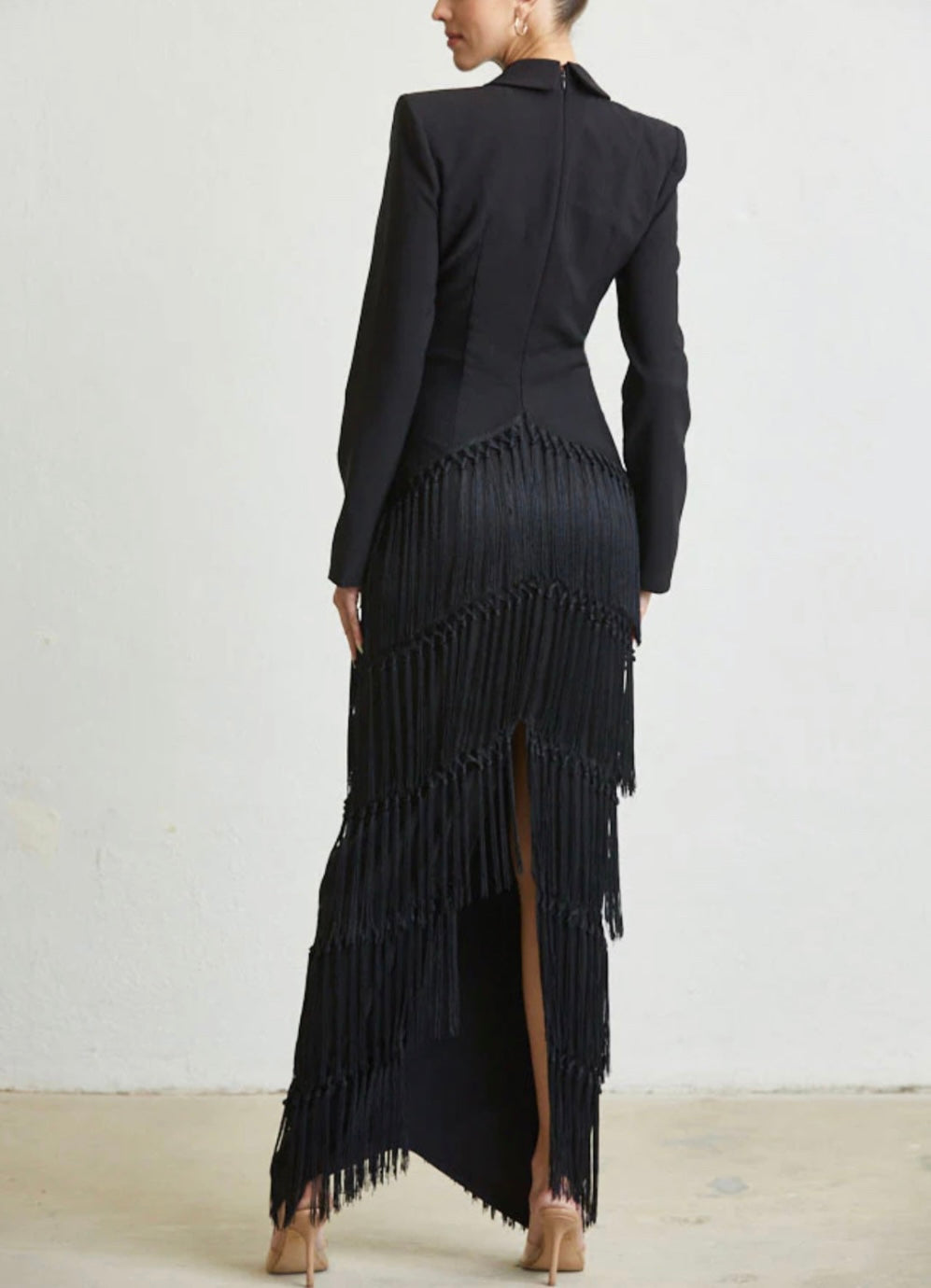 Alma Black Cutout Fringe Split Dress