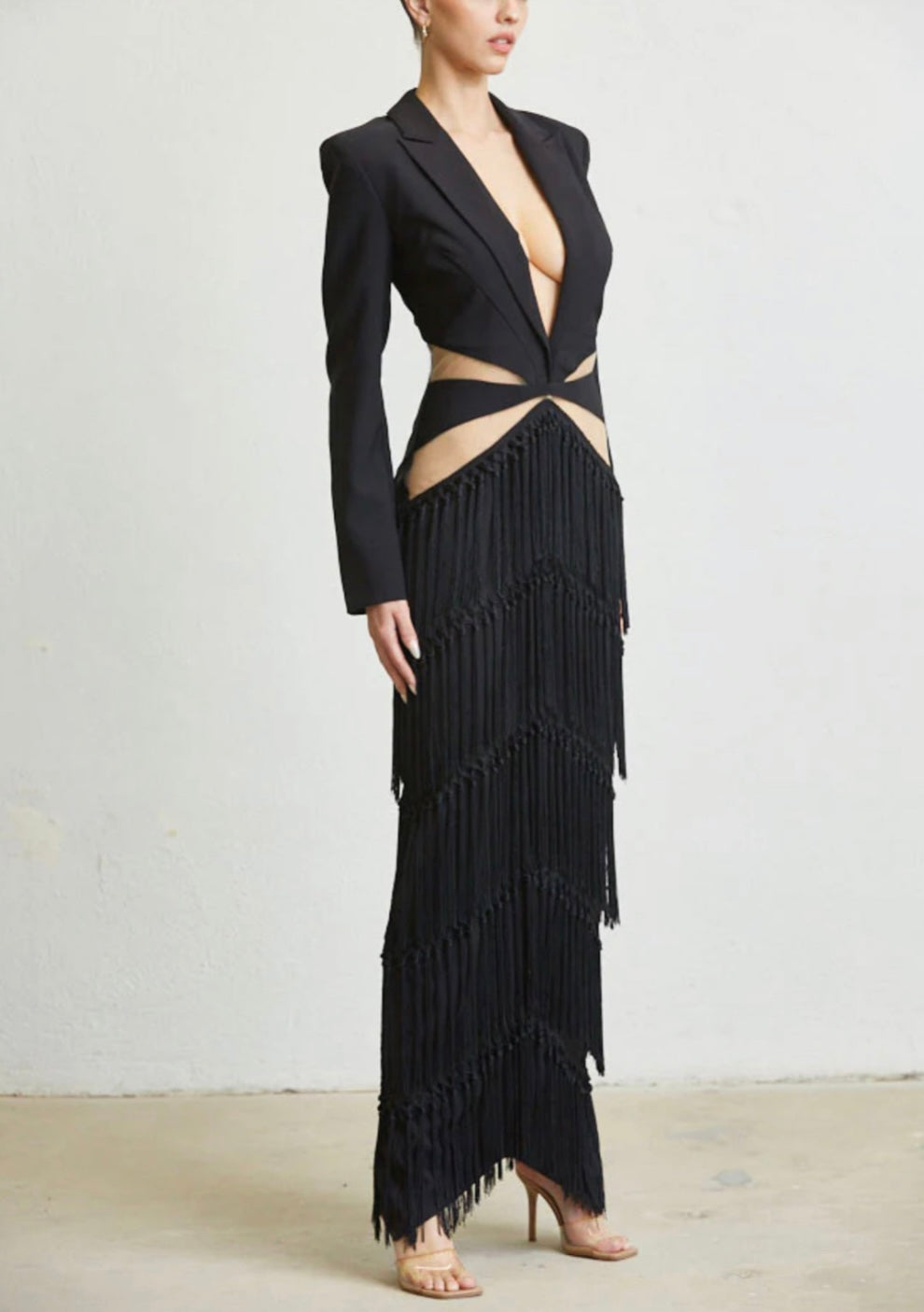 Alma Black Cutout Fringe Split Dress
