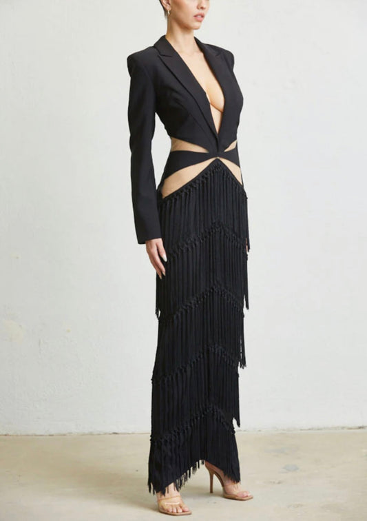 Alma Black Cutout Fringe Split Dress