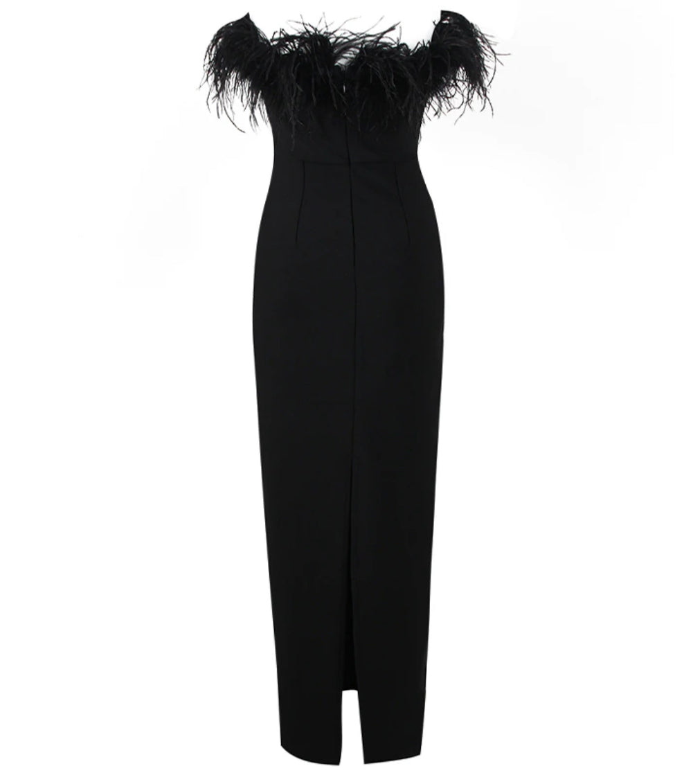 Black Strapless Feathers Dress