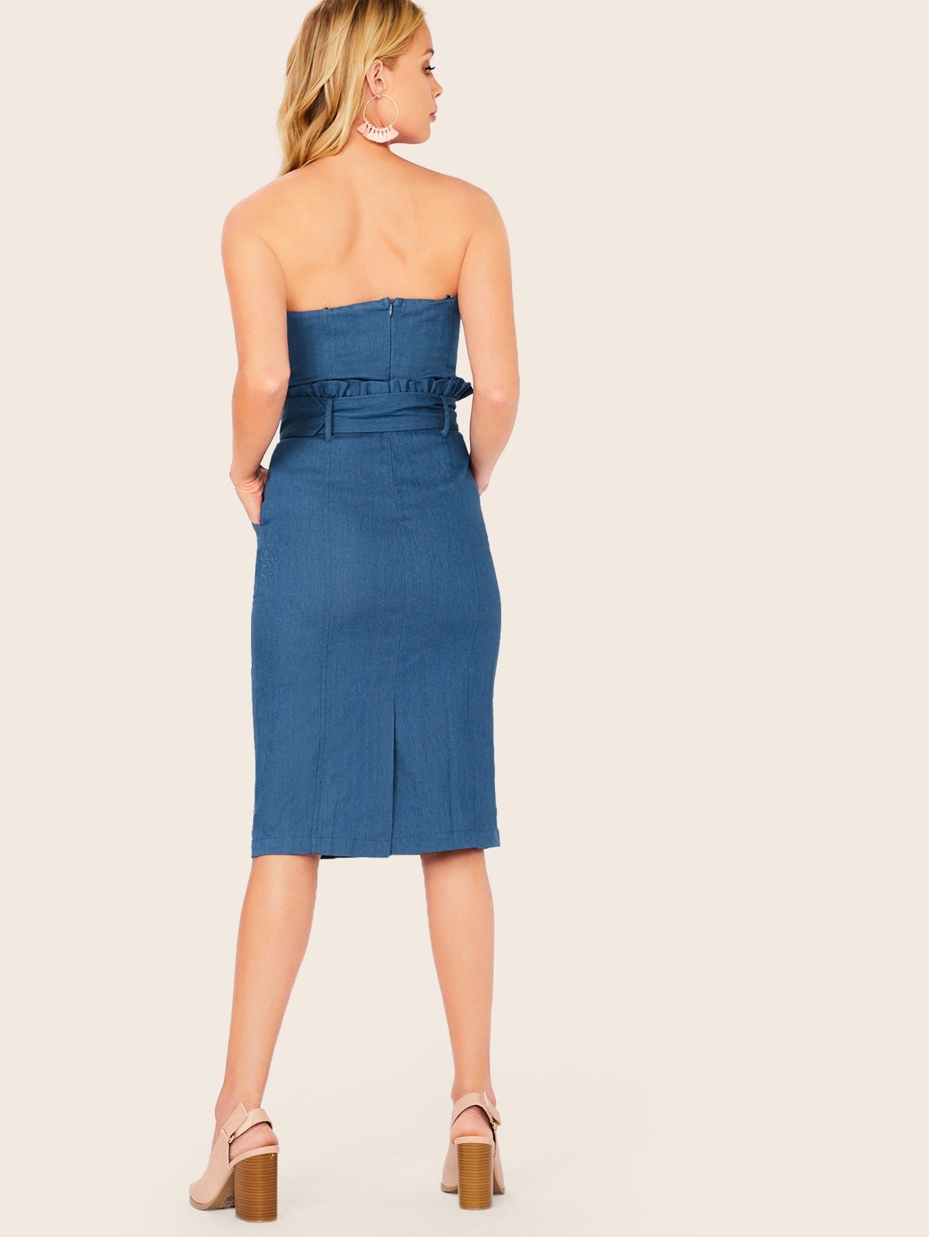 Ruffle Belted Waist Strapless Denim Dress - spiffy-fashion-boutique