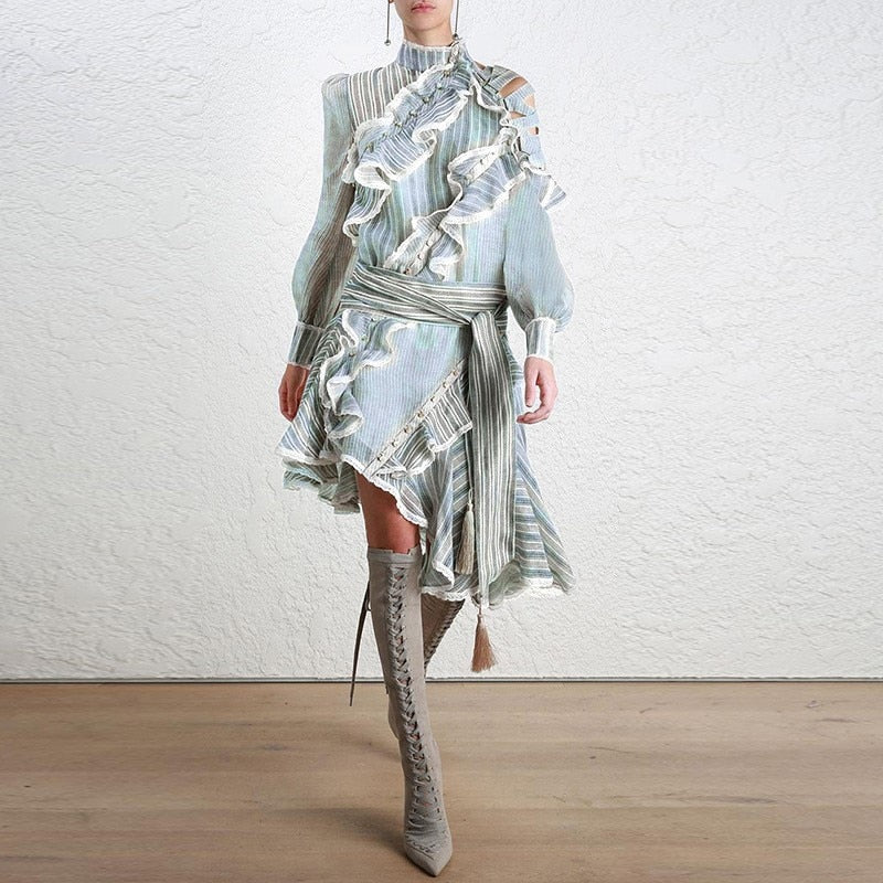 Striped Full Sleeve Sashes Dress