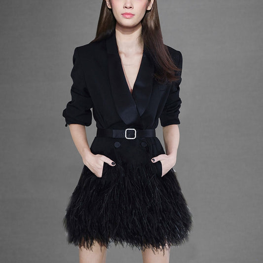 Shawl Collar Feather Blazer Dress