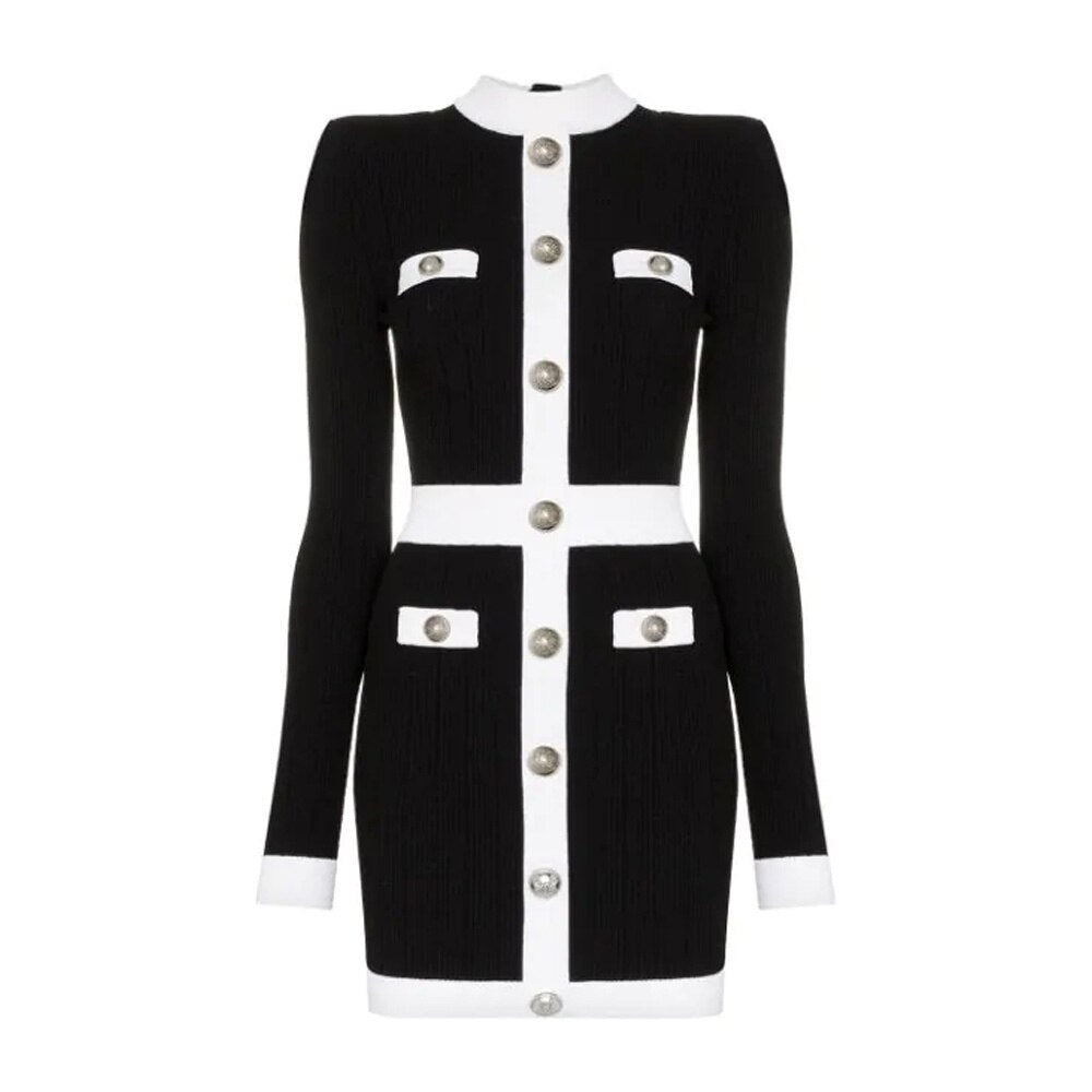 Knit Black Silver Buttons Dress