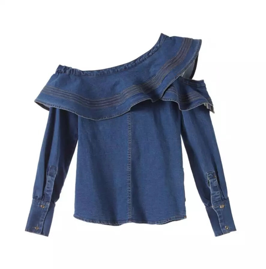 Ruffles One Shoulder Denim Top