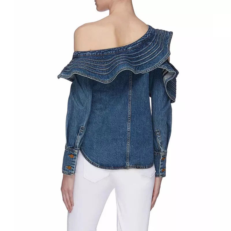 Ruffles One Shoulder Denim Top