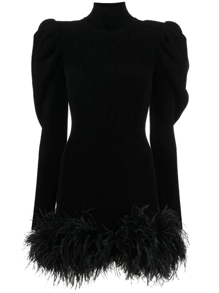 Black Feathers Puff Sleeves Dress