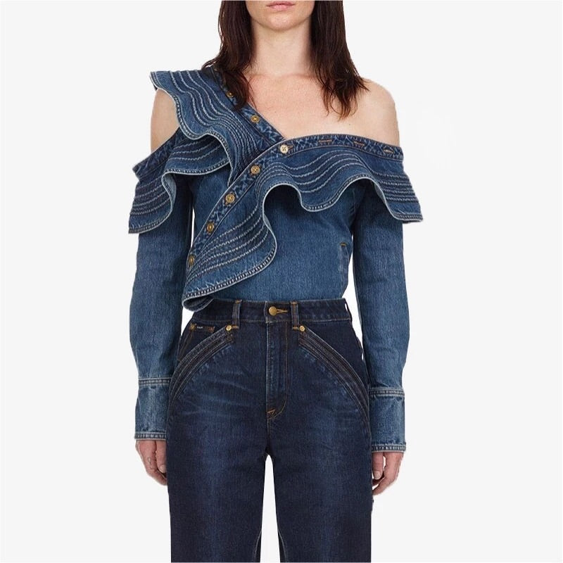 Ruffles One Shoulder Denim Top
