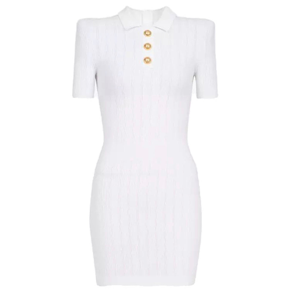 White Alisa Knit Gold Buttons Dress